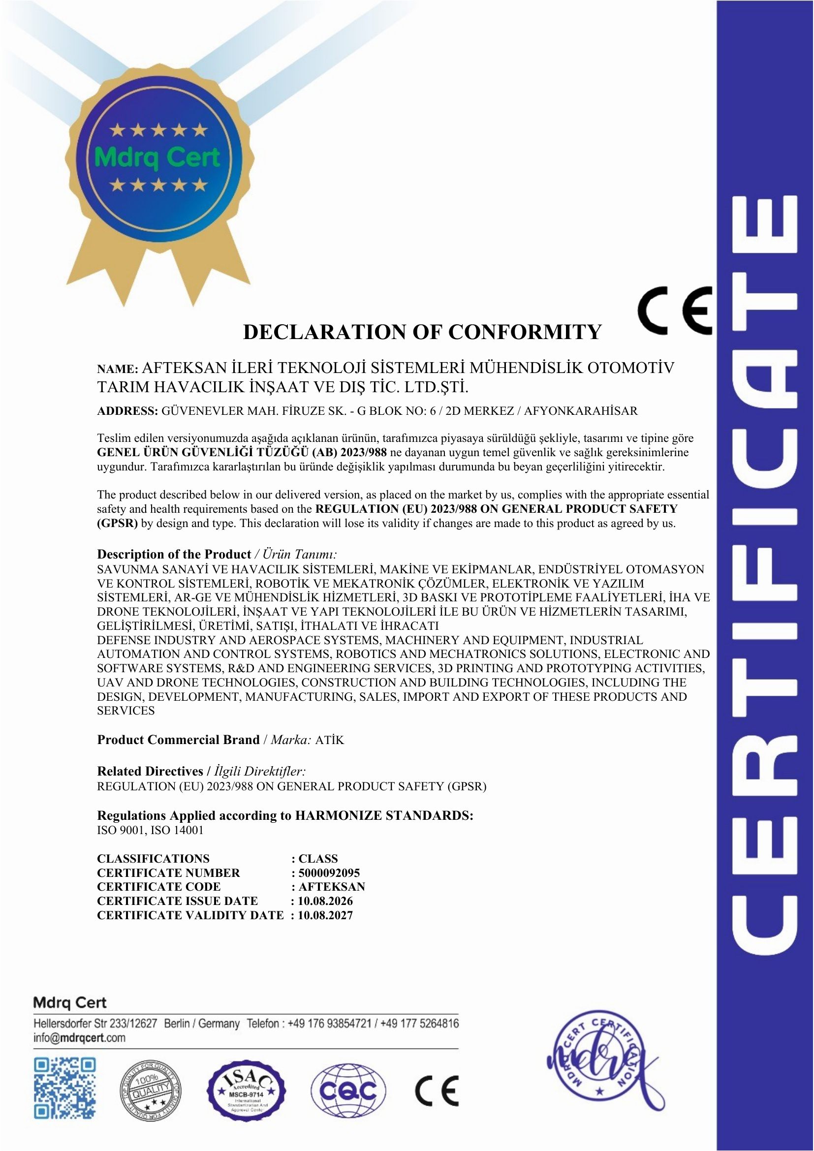 AFTEKSAN® CE Uygunluk Beyanı belgesi